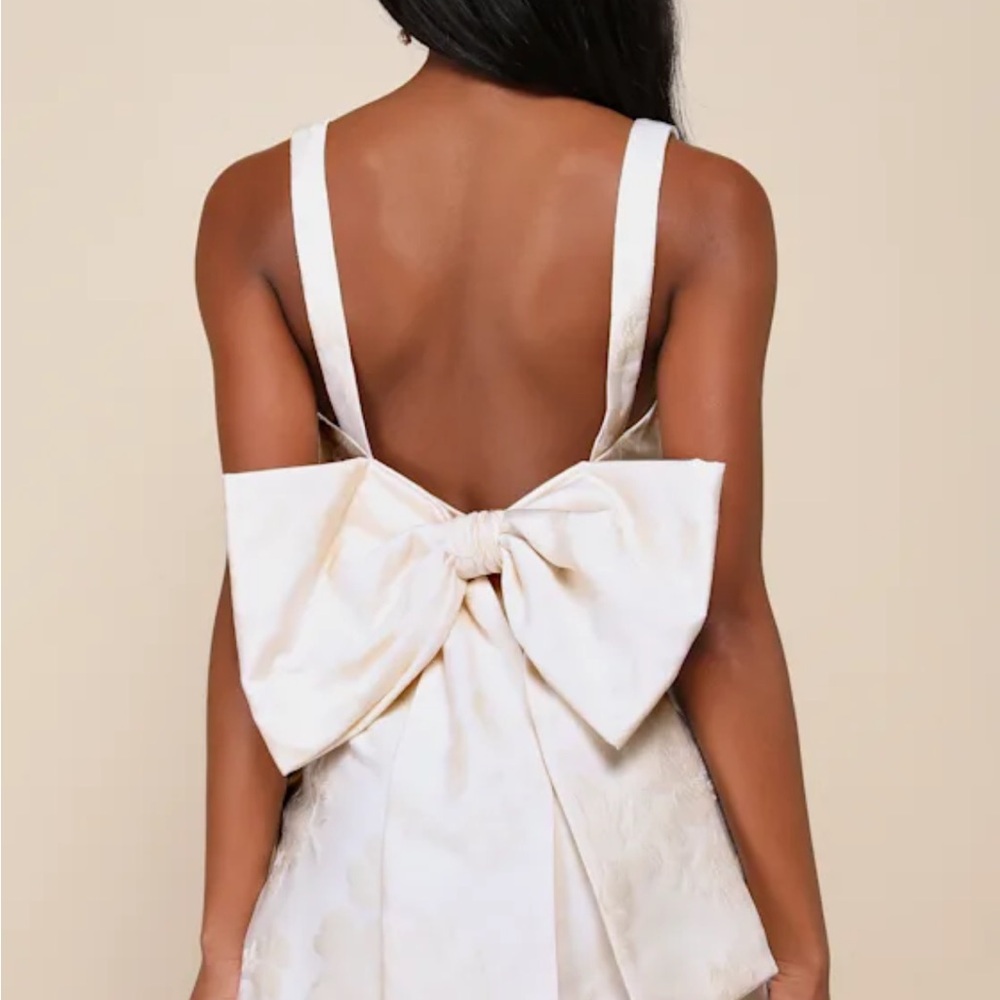 Lulus 
Flirtatious Poise Ivory Jacquard Bow Back Mini Dress - Picture 8 of 9